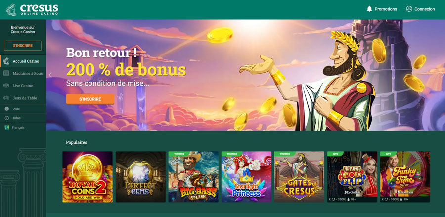 Page d'accueil Cresus Casino avec bonus 200%