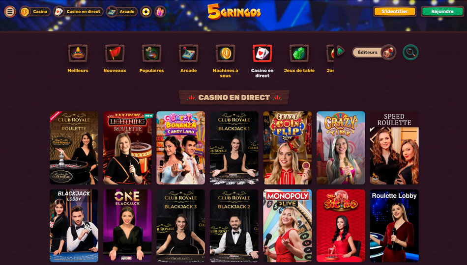 Live casino 5Gringos 'roulette, poker, blakcjack, sportif, Crazy TIme, Sic Bo, Monopoly LIve...)