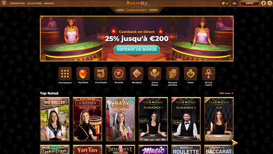 Casino en direct AmunRa ( Bet Games, Lucky Streak, Hollywood TV, Atmosfera, Swintt, Quik...)