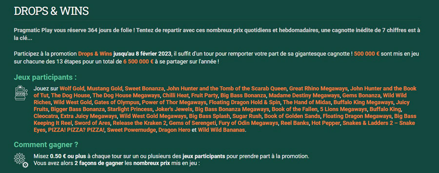 Tournois Drops & Wins janvier et février  2023 Cresus casino