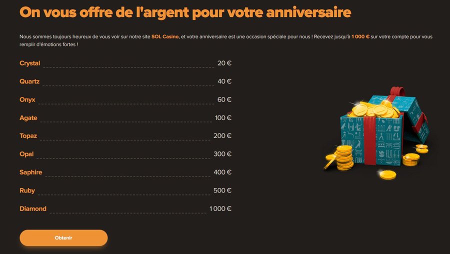 Argent offert pour votre anniversaire sur SOL Casino en fonction de votre rang VIP