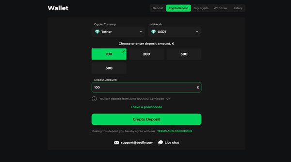 Fenêtre pour déposer en cryptomonnaie sur Betify