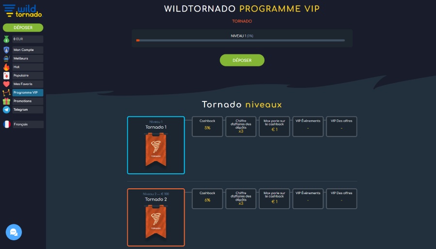 Programme VIP Wild Tornado Casino