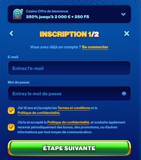 Spins of Glory Casino page d'inscription étape 1