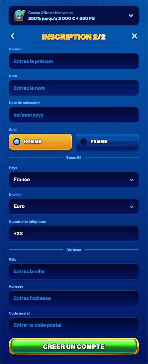 Spins of Glory Casino inscription étape 2