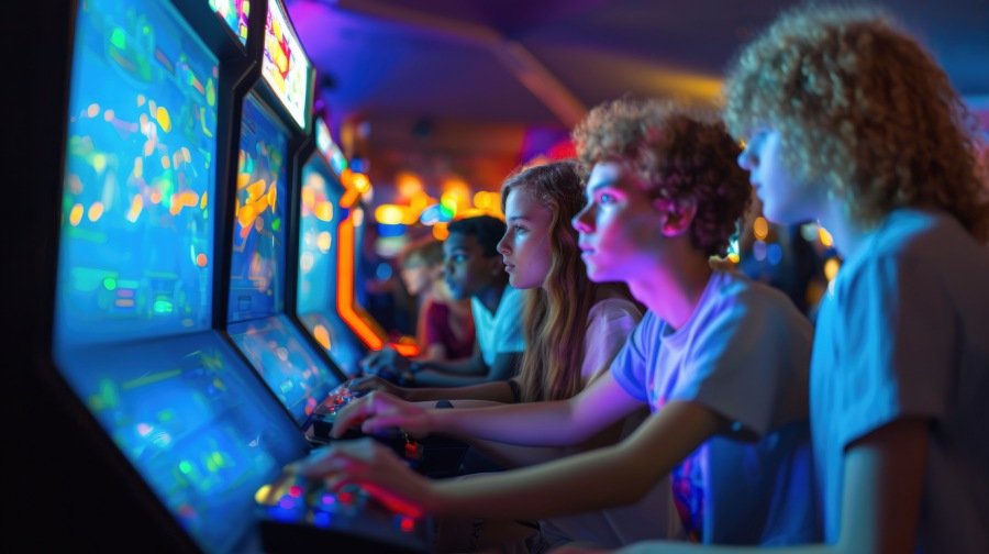 Aperçu de joueurs devant des jeux d'arcade