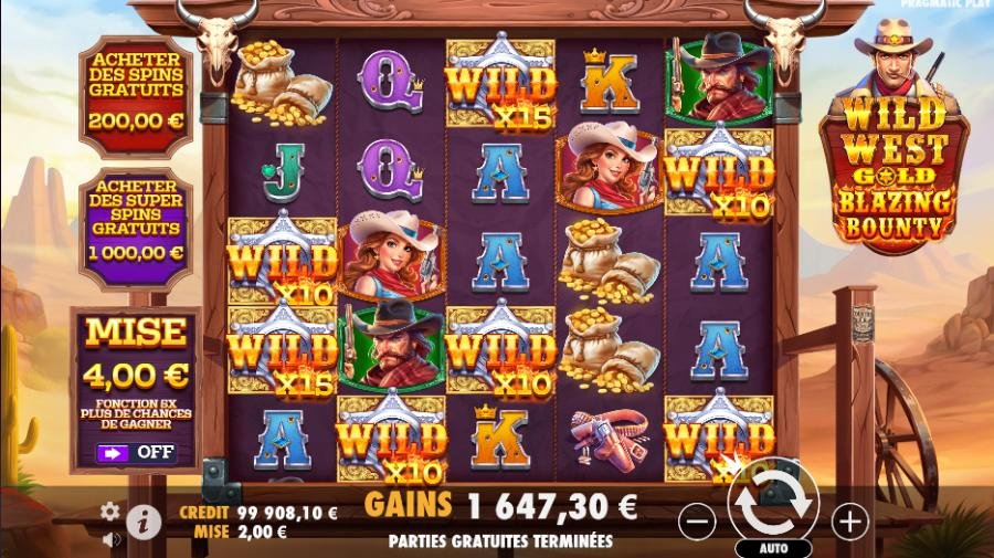Wild West Gold Blazing Bounty : free spins avec Wilds collants et multiplicateurs x5, x10 et x25 en action.