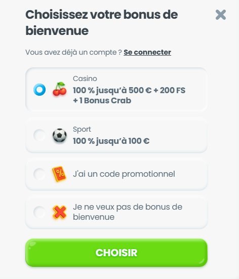 Cazimbo Casino inscription choix du bonus