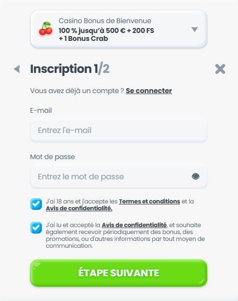 Cazimbo Casino inscription étape 1