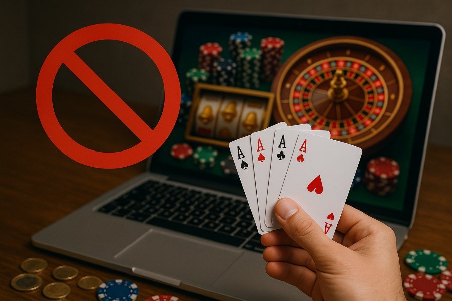 Image pour article 7 erreurs à éviter dans les casinos en ligne. Ordinateur portable montrant un écran de jeux de casino, avec une main de cartes et un symbole interdiction.
