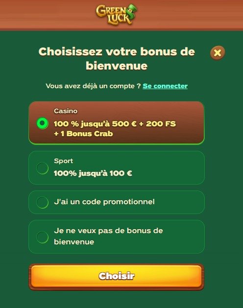 Greenluck Casino choix du bonus