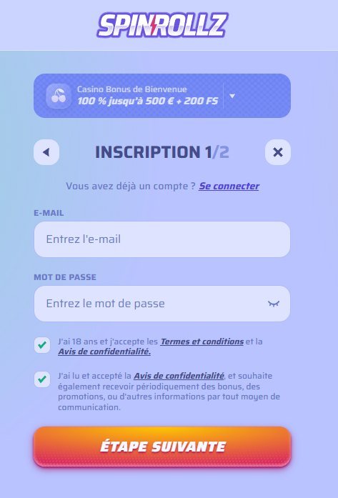 Spinrollz inscription étape 1