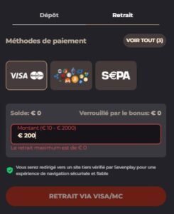 SevenPlay Casino page retrait