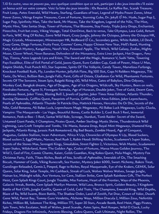 Liste jeux interdits sous bonus Spinight Casino