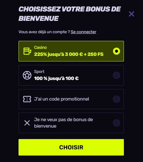 Sportuna Casino inscription choix du bonus