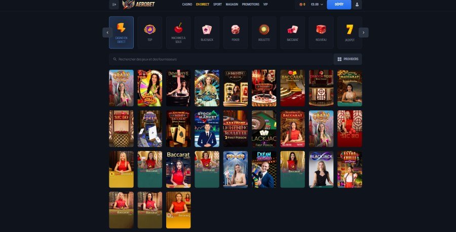 Aerobet Casino page live casino