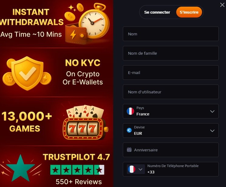 Blazespins Casino page d'inscription