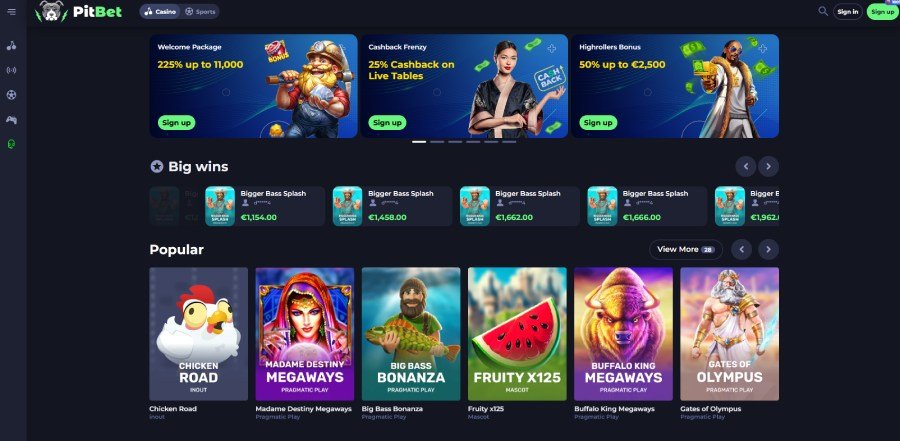 PitBet Casino page d'accueil
