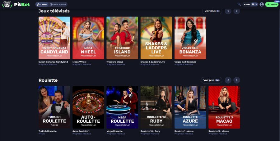 PitBet Casino page du casino en direct