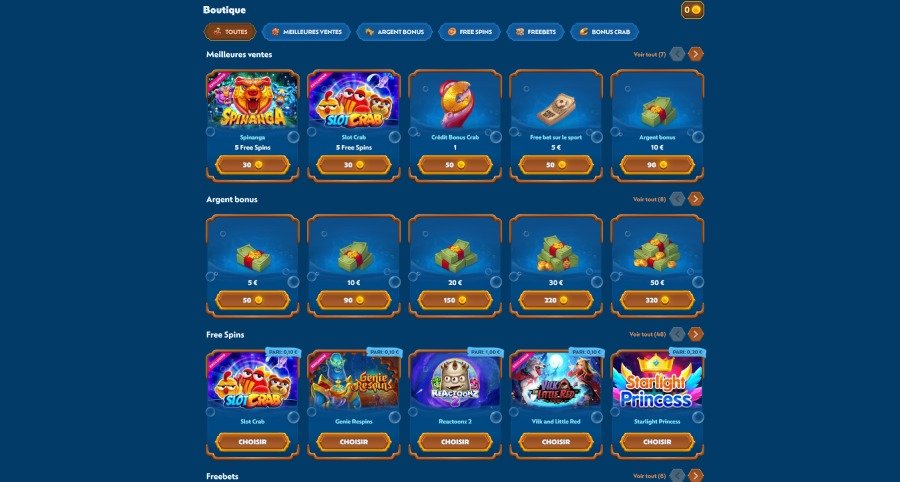 WinBay Casino page de la boutique