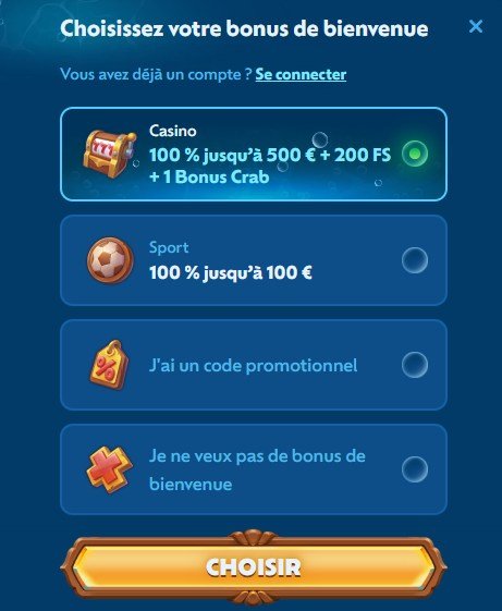 WinBay Casino page d'inscription 1/3