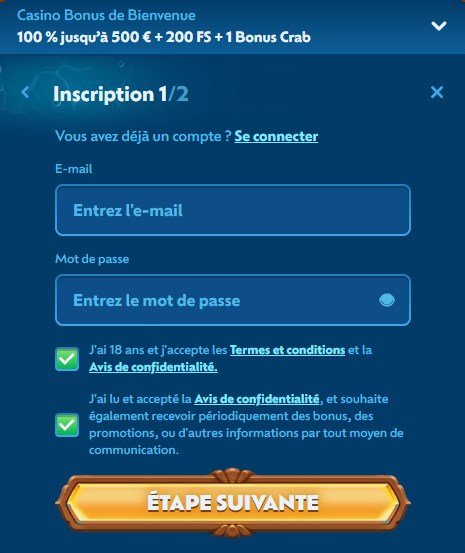 WinBay Casino page d'inscription 2/3