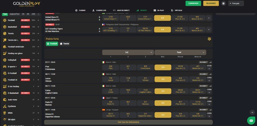 GoldenPlay Casino page des paris sportifs