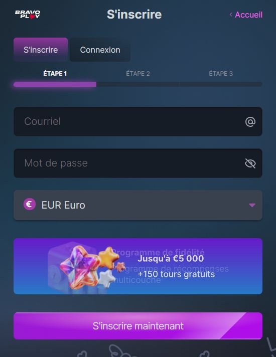 BravoPlay Casino inscription 1/3