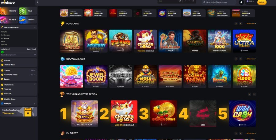Winhero Casino page d'accueil